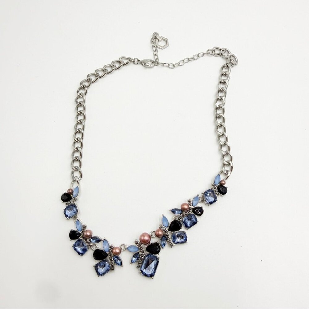 Silver Tone Chain Necklace with Blue Rhinestones & Faux Pearls - Picture 2 of 8